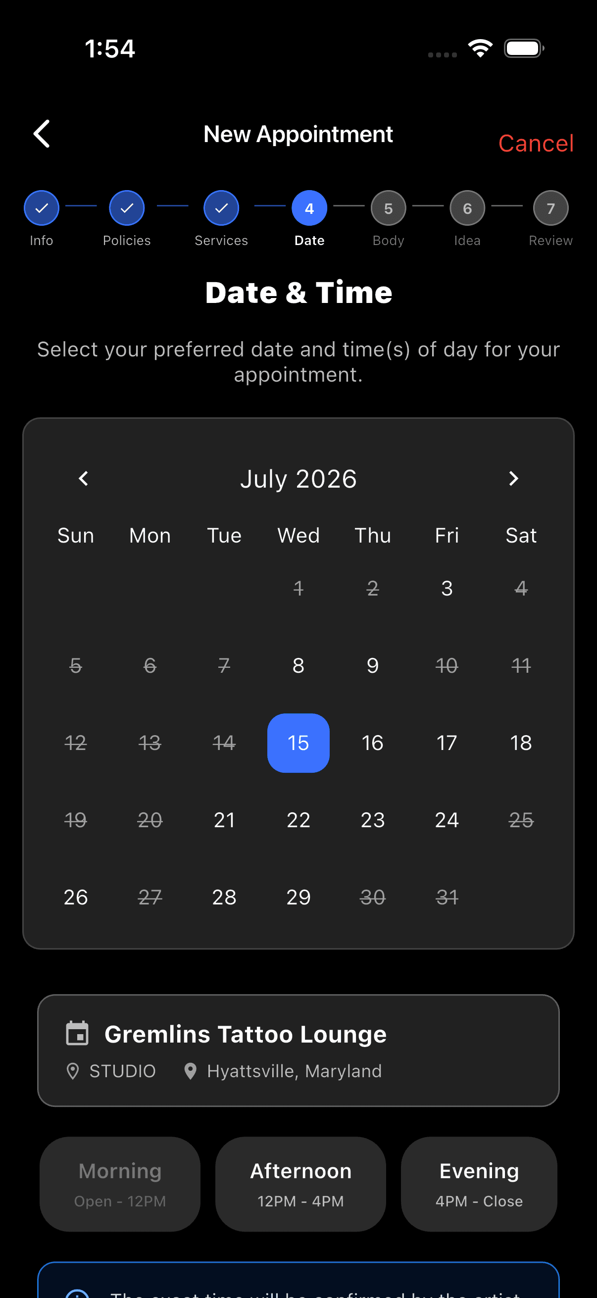 TattMe app — Booking